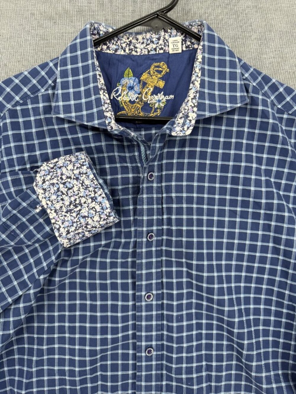 Robert Graham Long Sleeve Shirt Mens XL Plaid Check Blue Floral Flip Cuff Preppy
